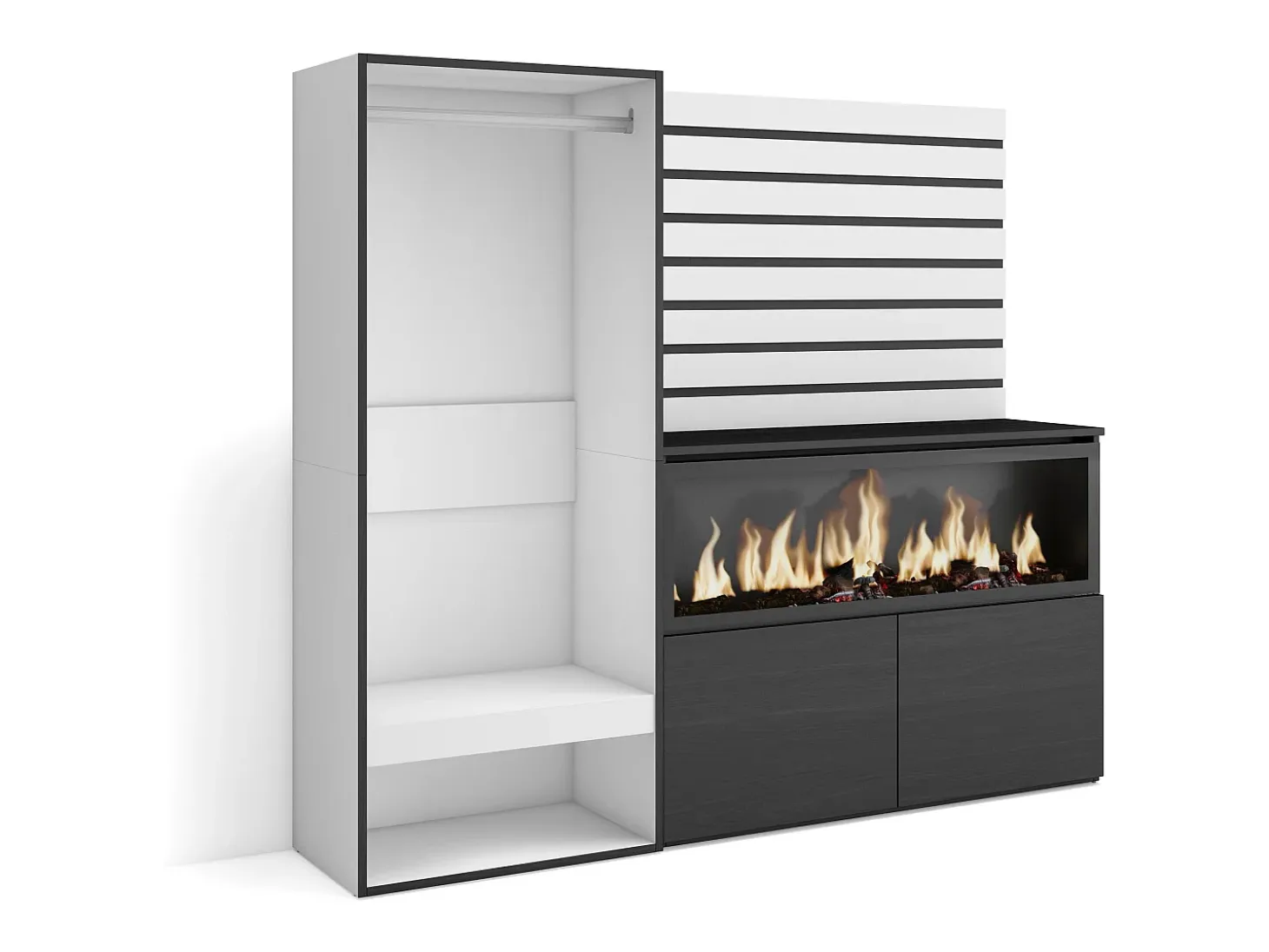 Aparador, 167x35x145cm, Dormitorio, habitación, Chimenea eléctrica XXL, Vestidor abierto, Blanco