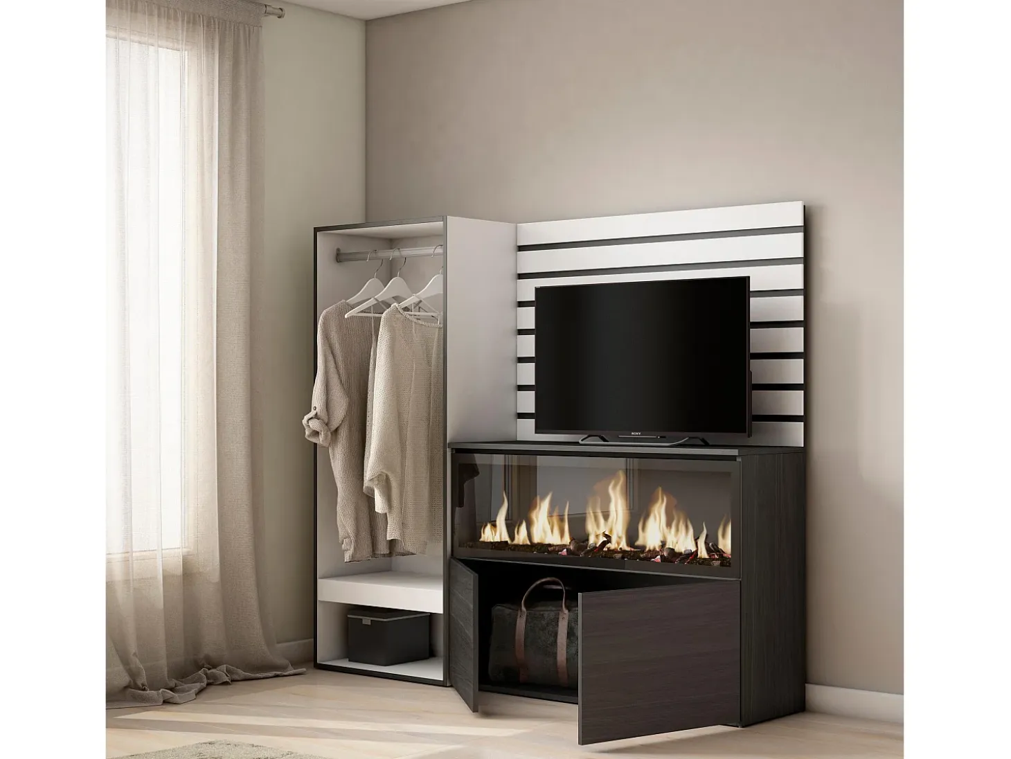 Aparador, 167x35x145cm, Dormitorio, habitación, Chimenea eléctrica XXL, Vestidor abierto, Blanco