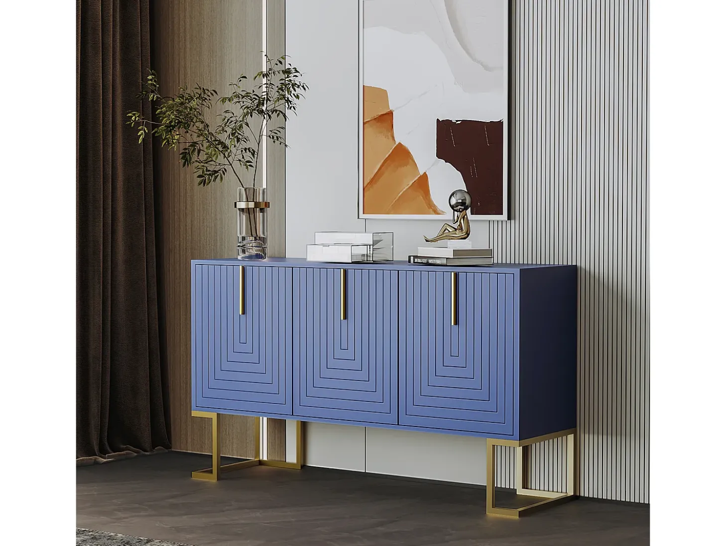Aparador 138x40x80,5cm, mueble con 3 puertas, estantes regulables, puertas en forma de U, base de metal, color azul marino