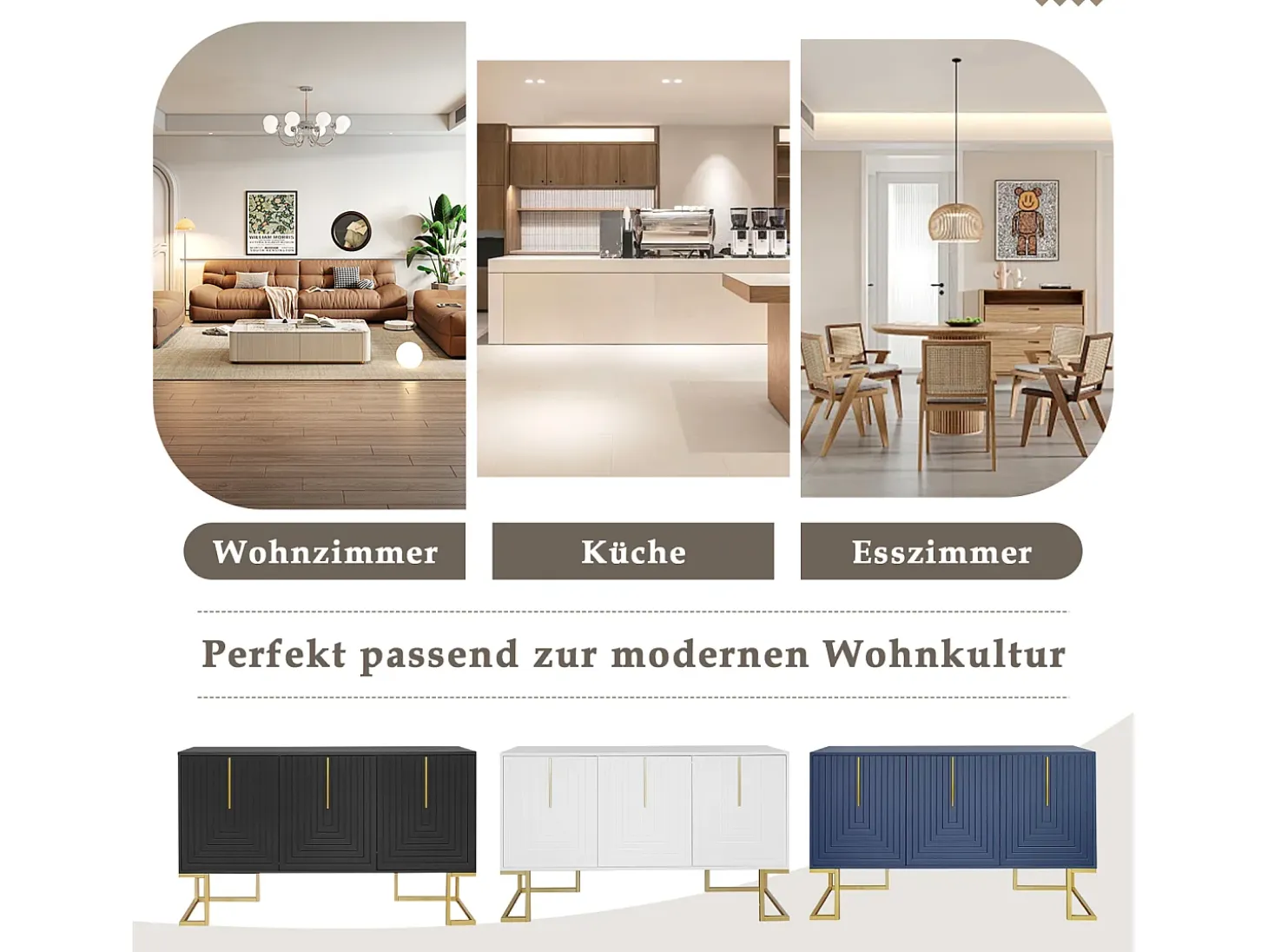 Aparador 138x40x80,5cm, mueble con 3 puertas, estantes regulables, puertas en forma de U, base de metal, color azul marino