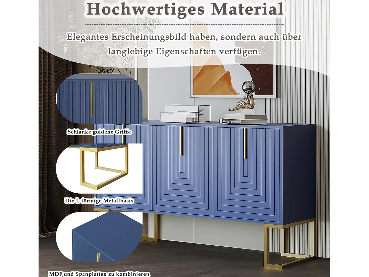 Aparador 138x40x80,5cm, mueble con 3 puertas, estantes regulables, puertas en forma de U, base de metal, color azul marino