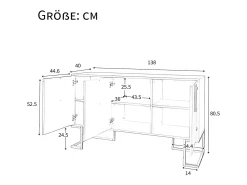 Aparador 138x40x80,5cm, mueble con 3 puertas, estantes regulables, puertas en forma de U, base de metal, color azul marino