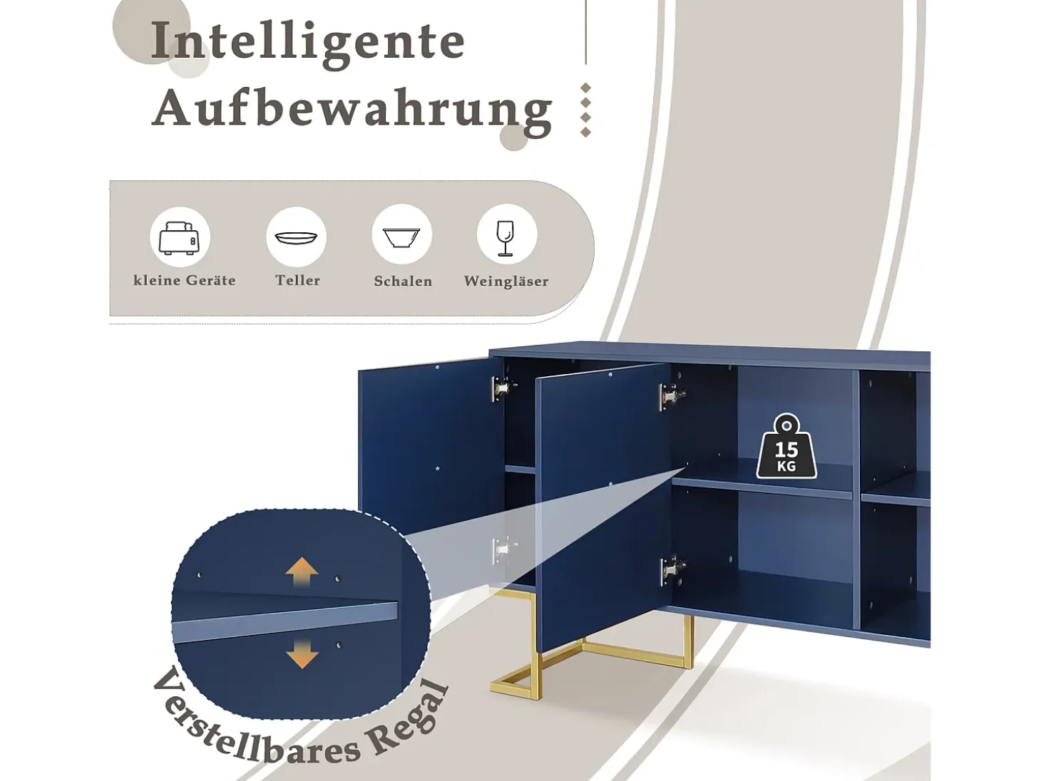 Aparador 138x40x80,5cm, mueble con 3 puertas, estantes regulables, puertas en forma de U, base de metal, color azul marino