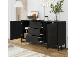 Aparador 145x40x75cm, mueble de almacenaje con 3 cajones y 2 puertas - diseño espiga, color negro