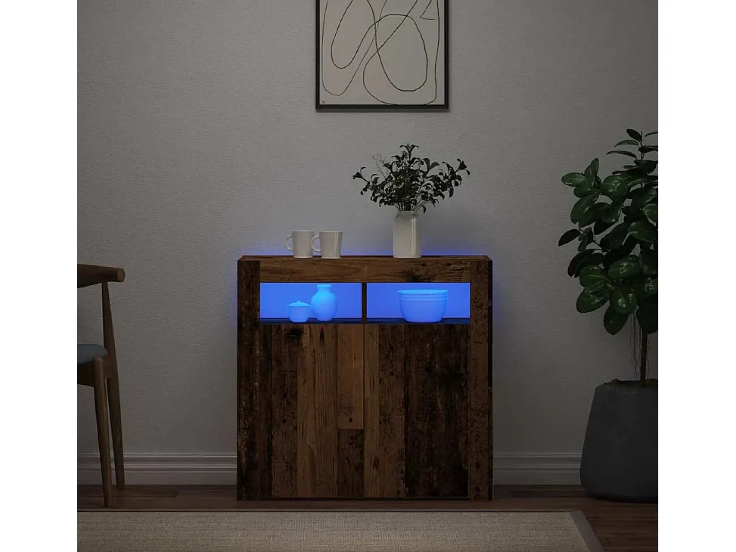 Aparador y luces LED madera vieja 80x35x75 cm madera contrachapada