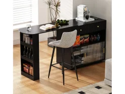 Aparador/barra extensible giratorio - 120 x 50 x 95,5 cm - con puerta + estantes + LED + 2 cajones - MDF - negro