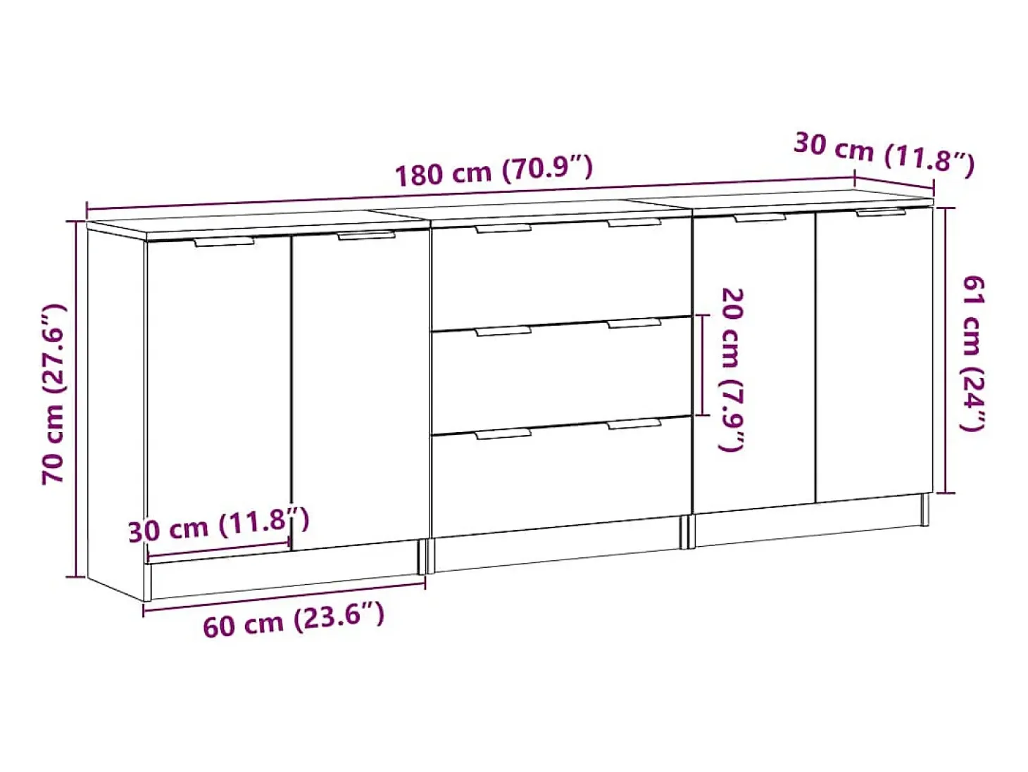 Aparadores 3 uds madera ingeniería roble artisian 60x30x70 cm