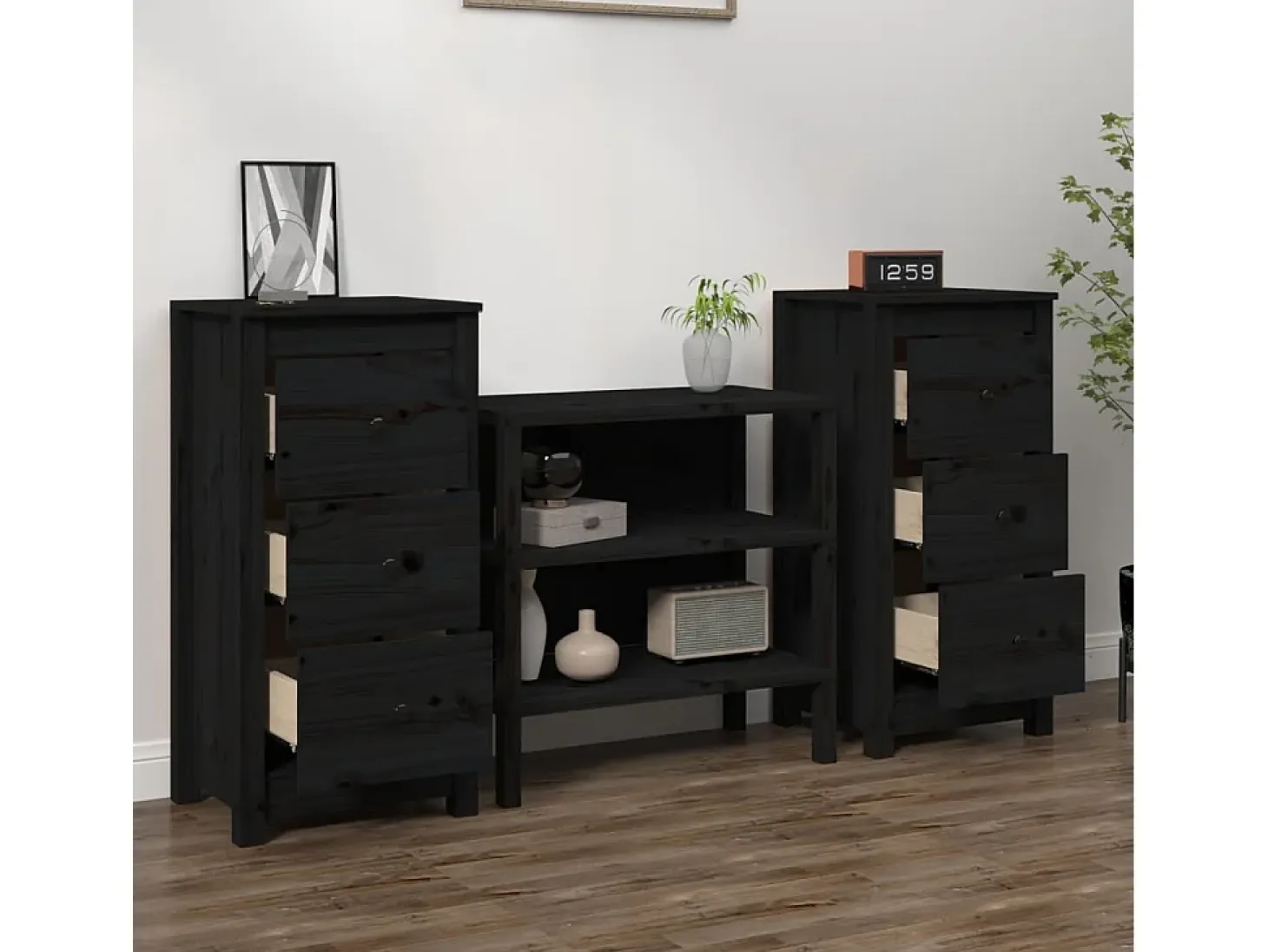 Aparadores 2 uds madera maciza de pino negro 40x35x80 cm ES60088