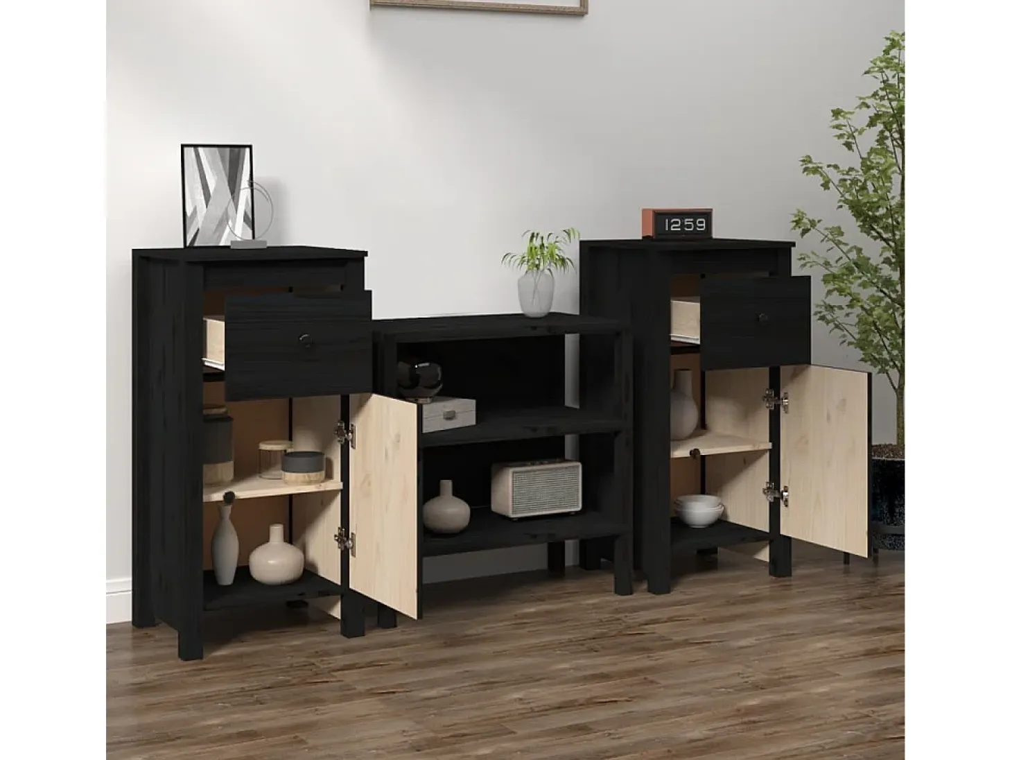 Aparadores 2 uds Negro 40x35x80 cm Madera maciza de pino