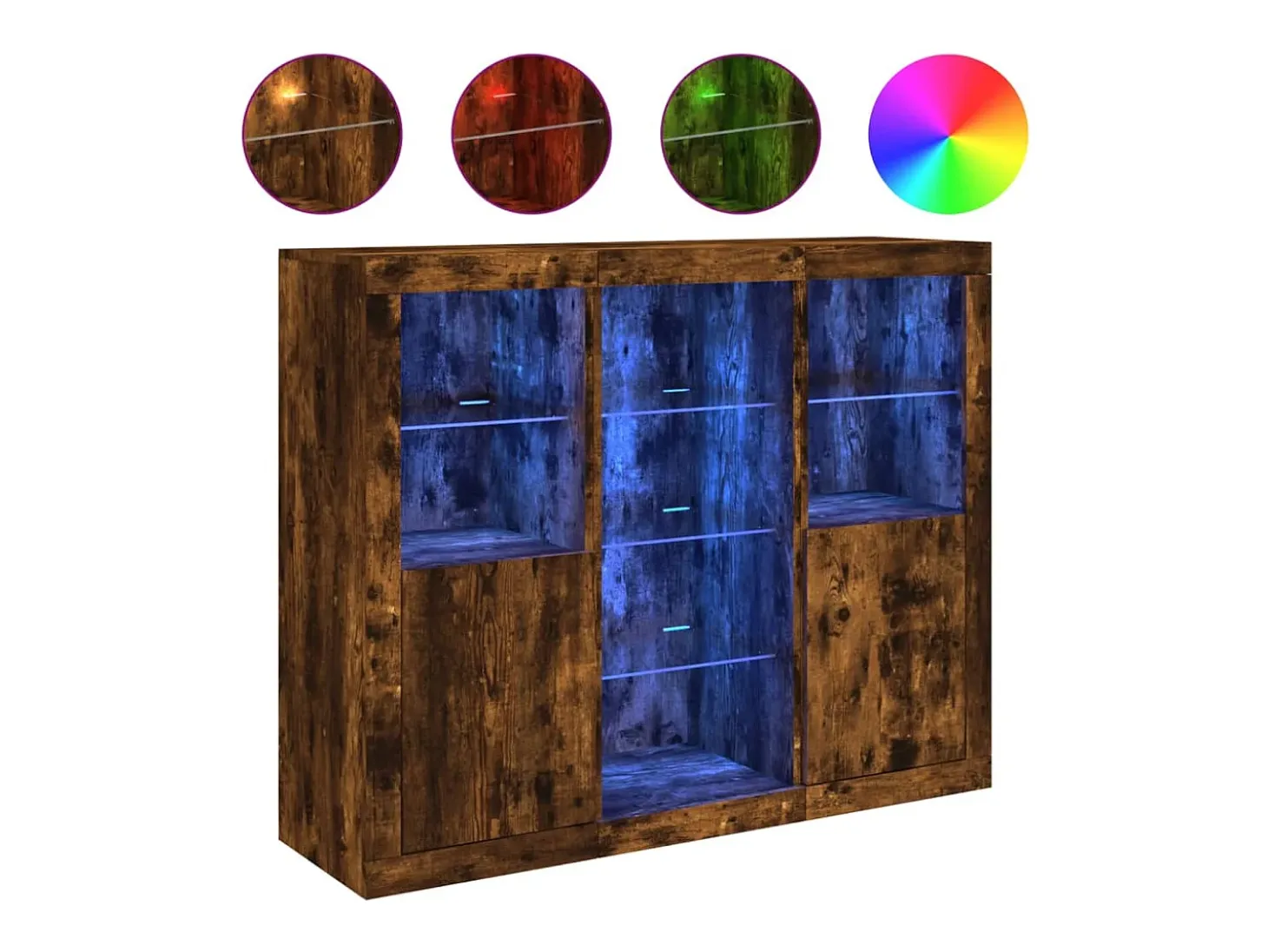 Aparadores con luces LED 3 piezas madera de ingeniería roble ahumado