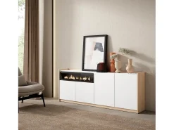 Aparadores para salón, 207x80x37 cm, 4 Puertas, Chimenea eléctrica, Blanco y roble soft