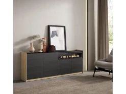 Aparadores para salón, 207x80x37 cm, 4 Puertas, Chimenea eléctrica, Negro y roble