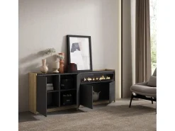Aparadores para salón, 207x80x37 cm, 4 Puertas, Chimenea eléctrica, Negro y roble