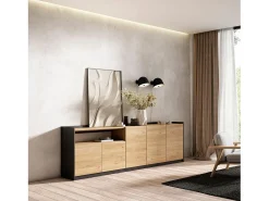 Aparadores para salón, 260x80x37 cm, 5 Puertas, Armario, zapatero, Roble y negro