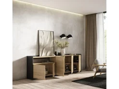 Aparadores para salón, 260x80x37 cm, 5 Puertas, Armario, zapatero, Roble y negro