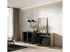 Aparadores para salón, 260x80x37 cm, 5 Puertas, Chimenea eléctrica, Negro y roble
