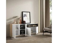 Aparadores para salón, 207x80x37 cm, 4 Puertas, Chimenea eléctrica, Blanco y roble soft