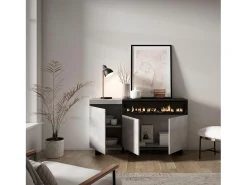 Aparadores para salón, 150x35x87cm, 3 Puertas, Chimenea eléctrica, Diseño industrial, Cemento