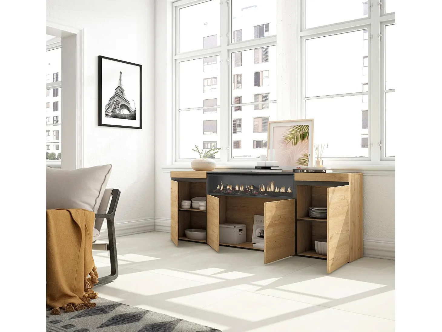 Aparadores para salón, 200x35x75cm, 4 Puertas, Chimenea eléctrica, Roble y negro