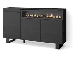 Aparadores para salón, 150x35x87cm, 3 Puertas, Chimenea eléctrica, Diseño industrial, Negro