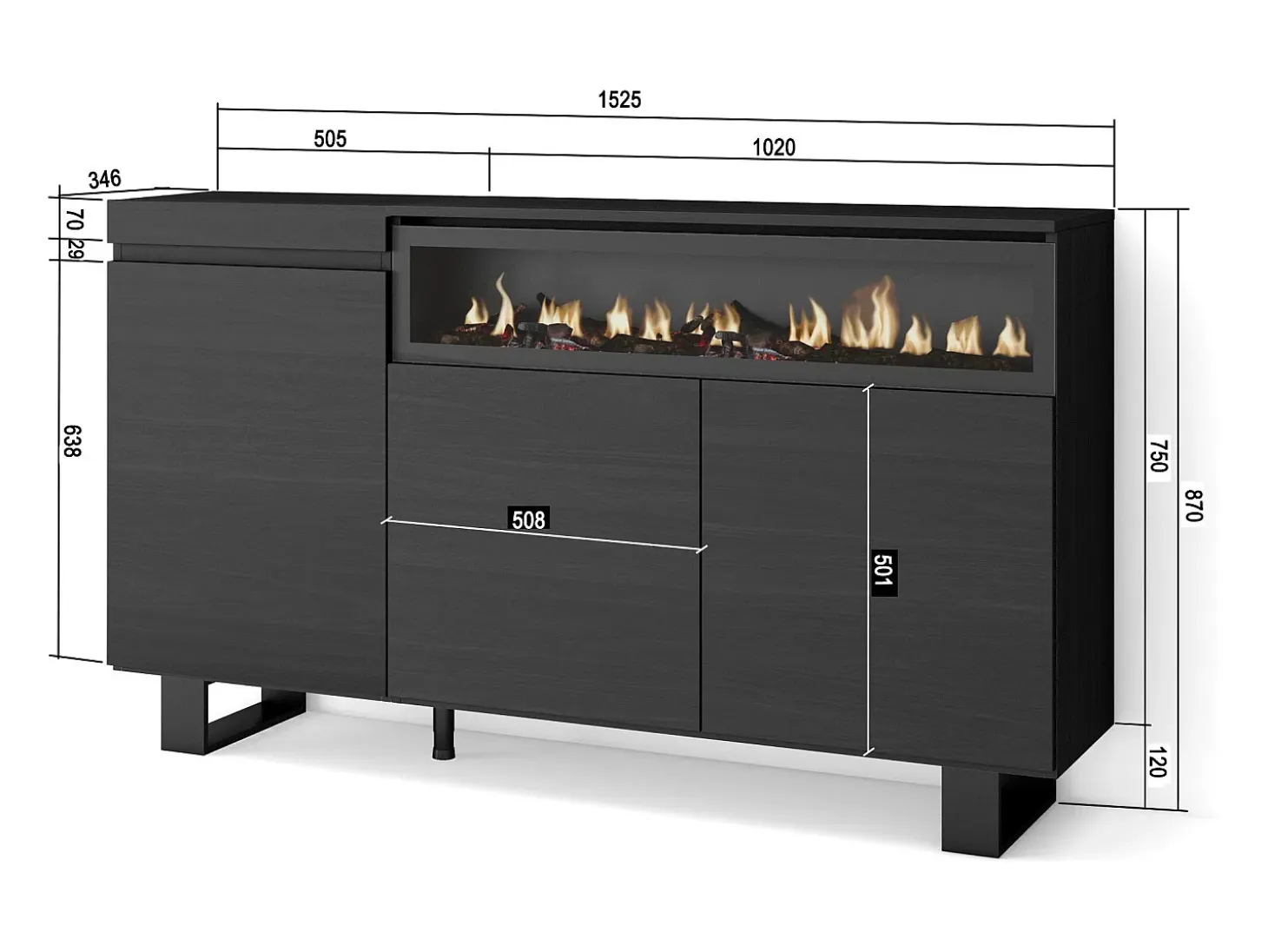 Aparadores para salón, 150x35x87cm, 3 Puertas, Chimenea eléctrica, Diseño industrial, Negro