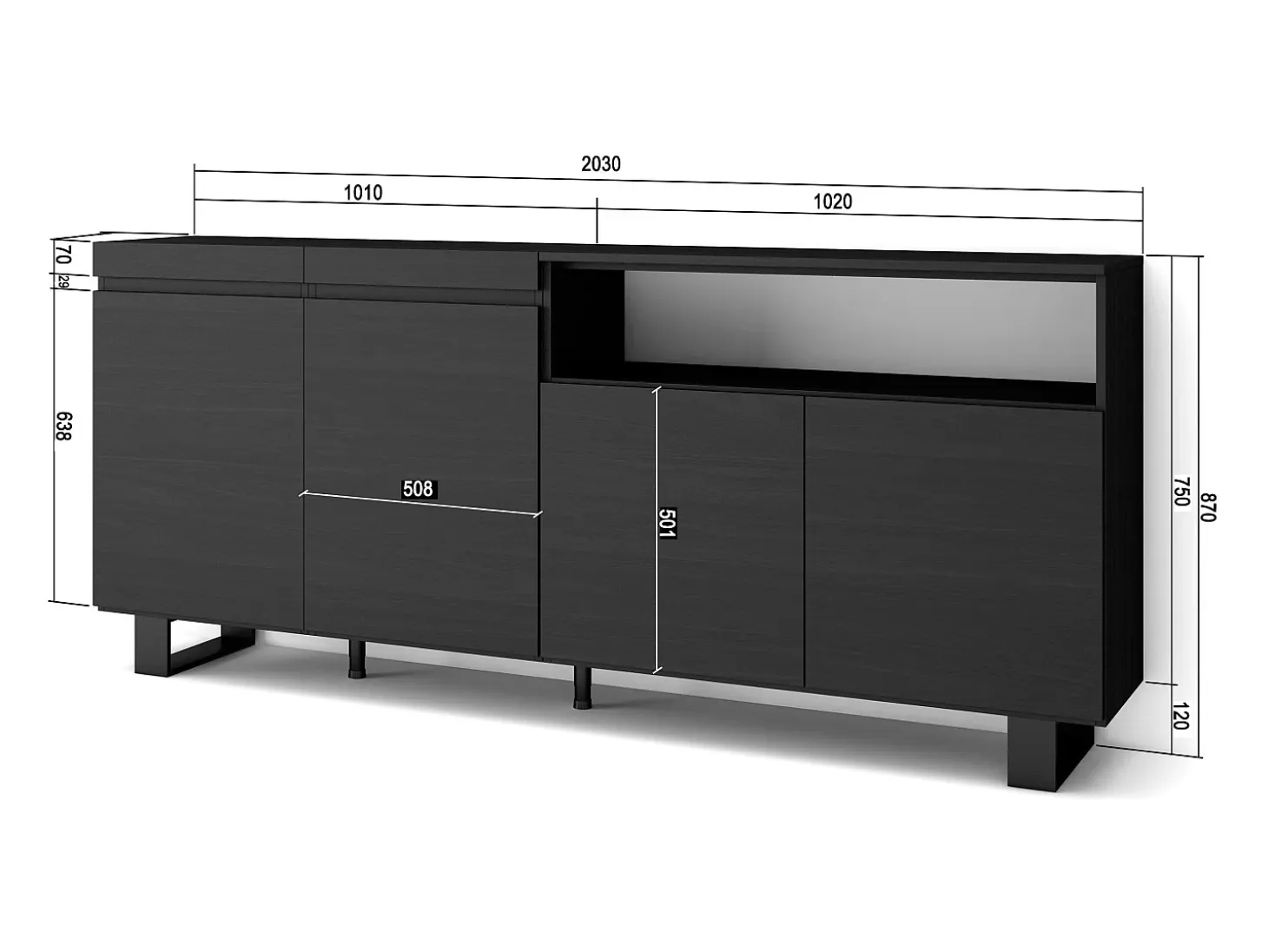 Aparadores para salón, 200x35x87cm, 4 Puertas, Diseño industrial, Negro