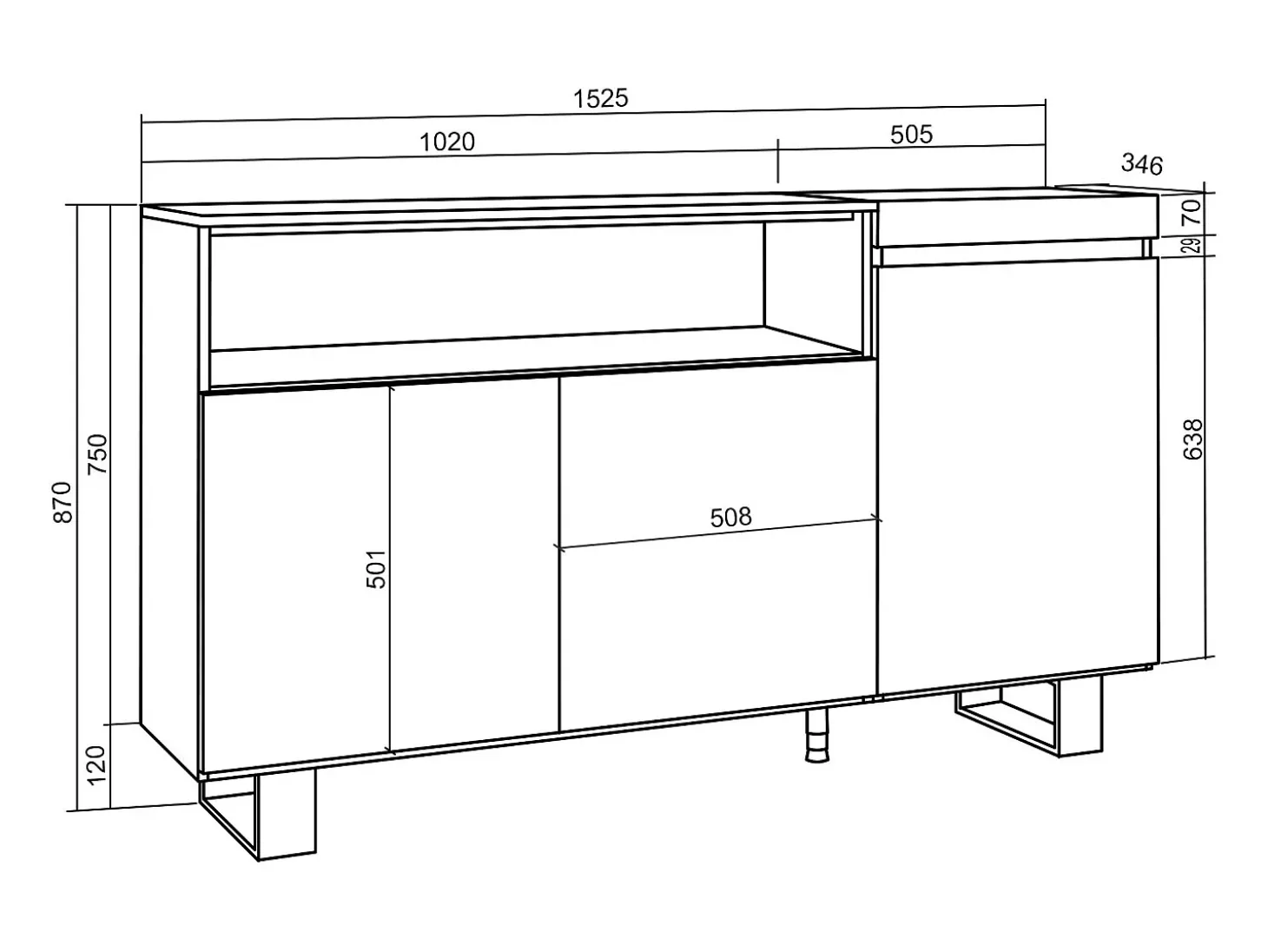 Aparadores para salón, 150x35x87cm, 3 Puertas, Diseño industrial, Cemento