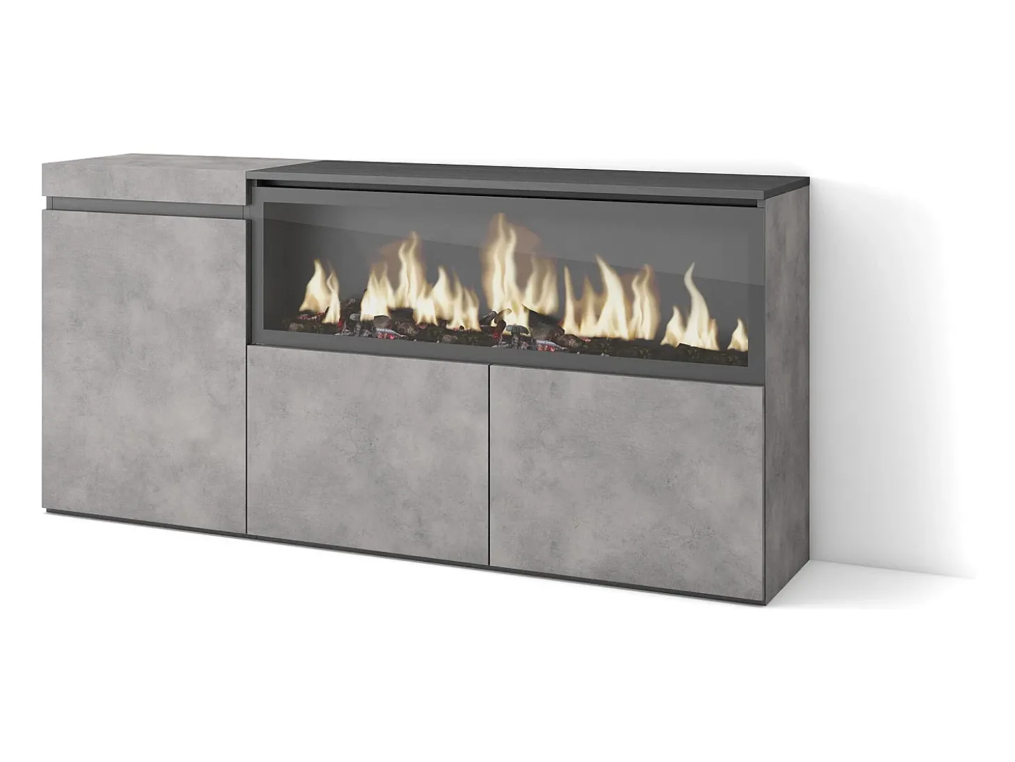Aparadores para salón, 158x35x75cm, 3 Puertas, Chimenea eléctrica XXL, Cemento