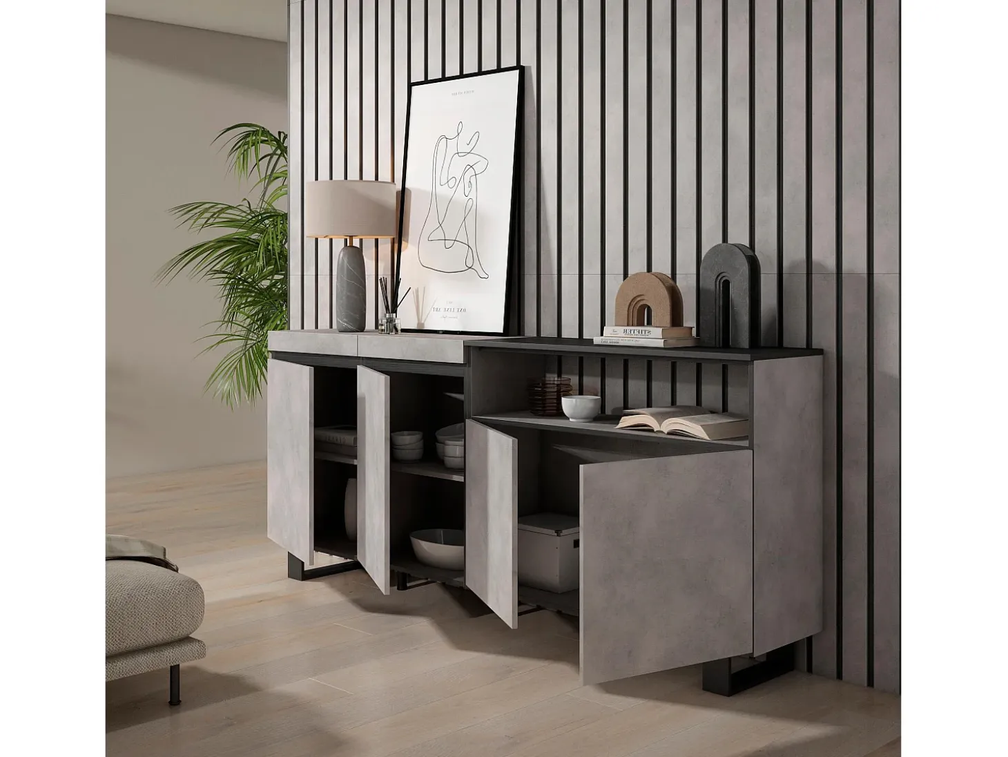 Aparadores para salón, 200x35x87cm, 4 Puertas, Diseño industrial, Cemento