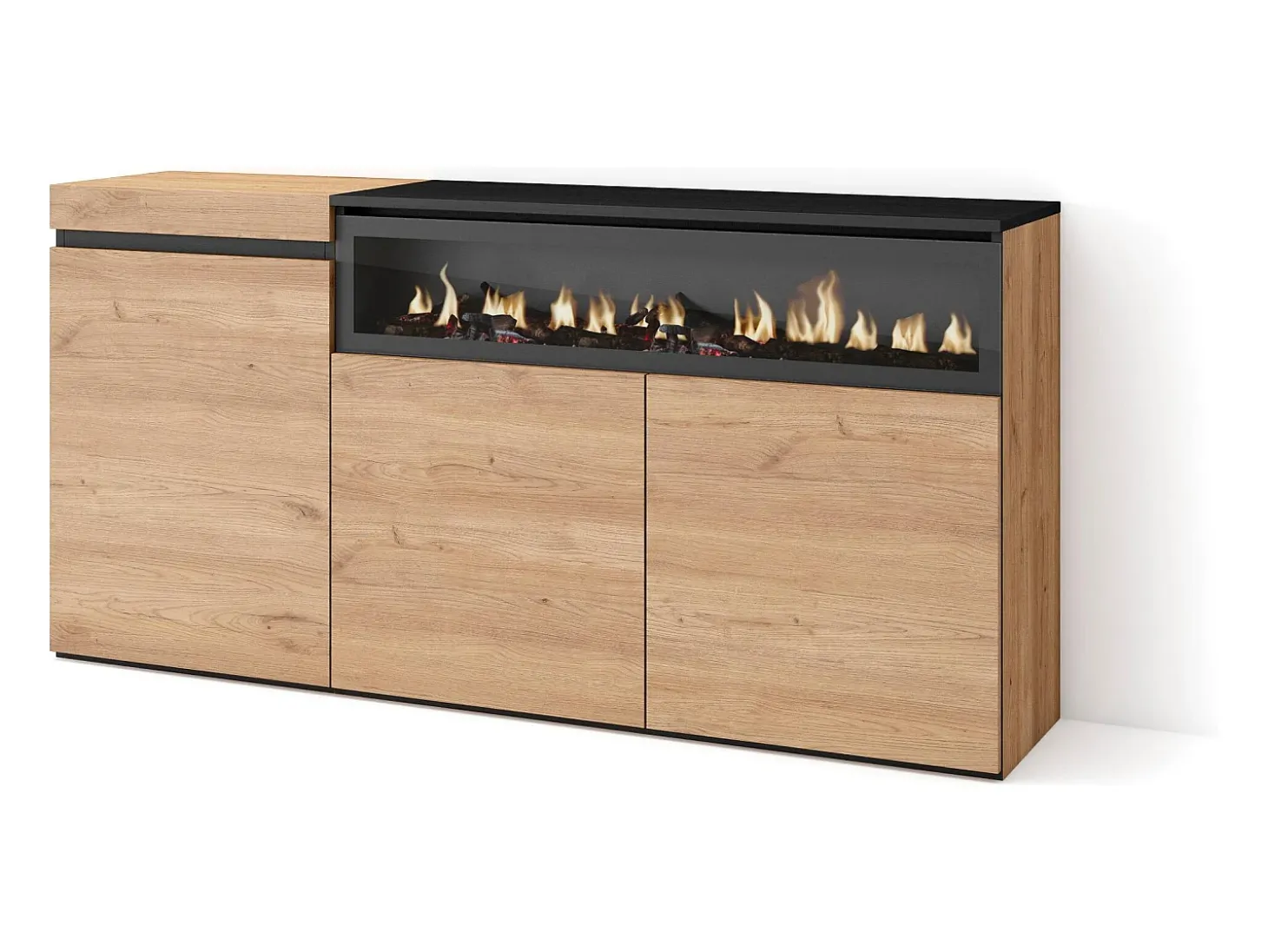 Aparadores para salón, 150x35x75cm, 3 Puertas, Chimenea eléctrica, Roble y negro