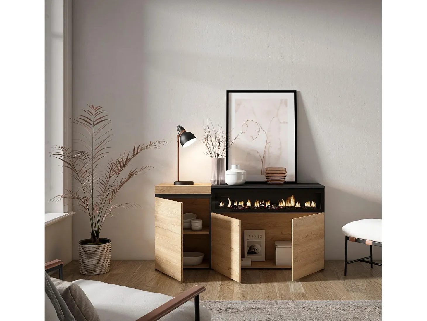 Aparadores para salón, 150x35x75cm, 3 Puertas, Chimenea eléctrica, Roble y negro