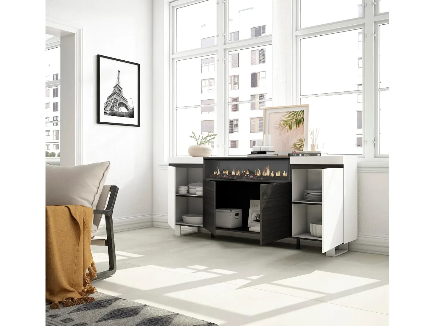 Aparadores para salón, 200x35x87cm, 4 Puertas, Chimenea eléctrica, Diseño industrial, Blanco y negro