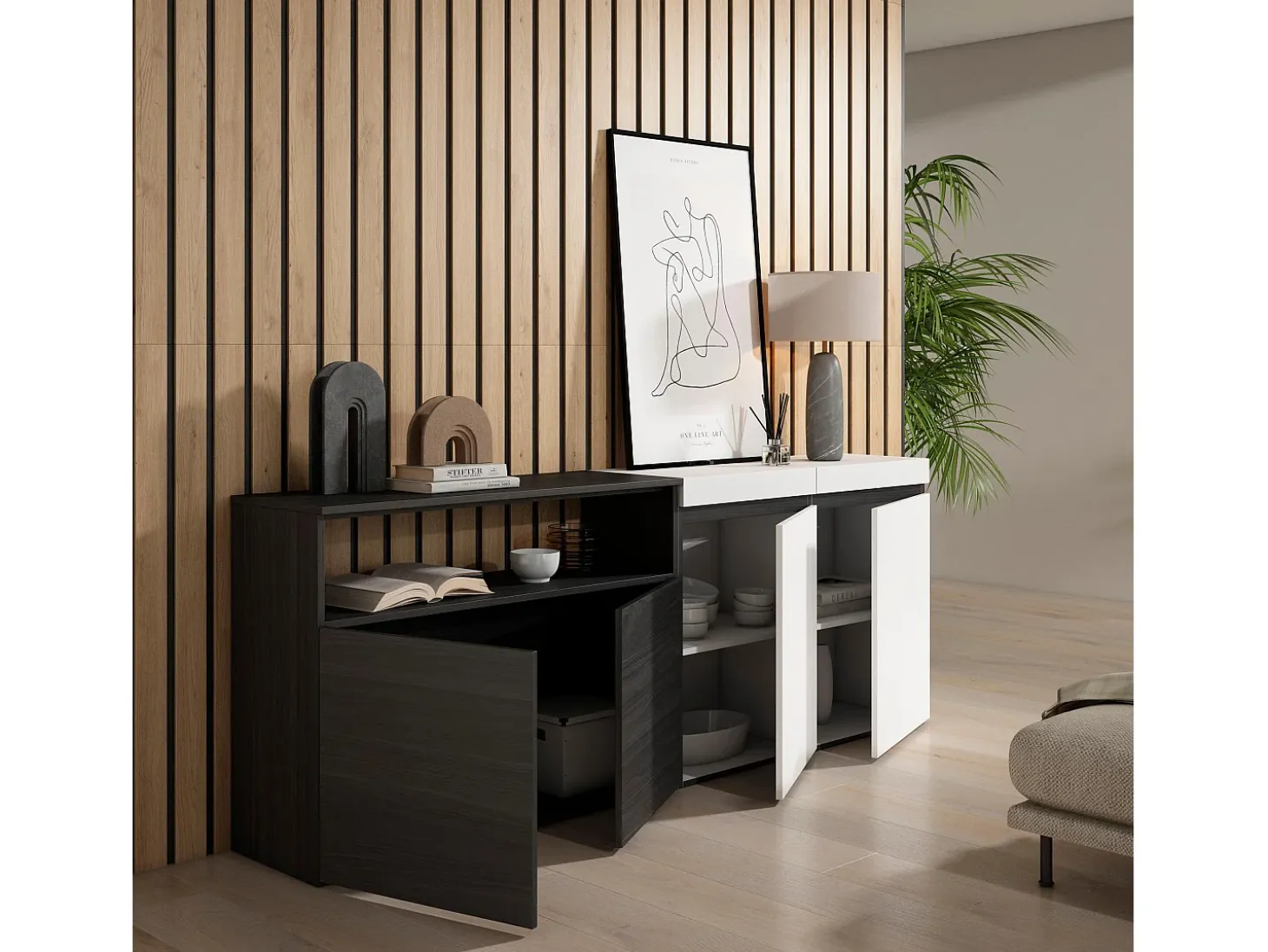 Aparadores para salón, 200x35x75cm, 4 Puertas, Armario, zapatero, Blanco y negro