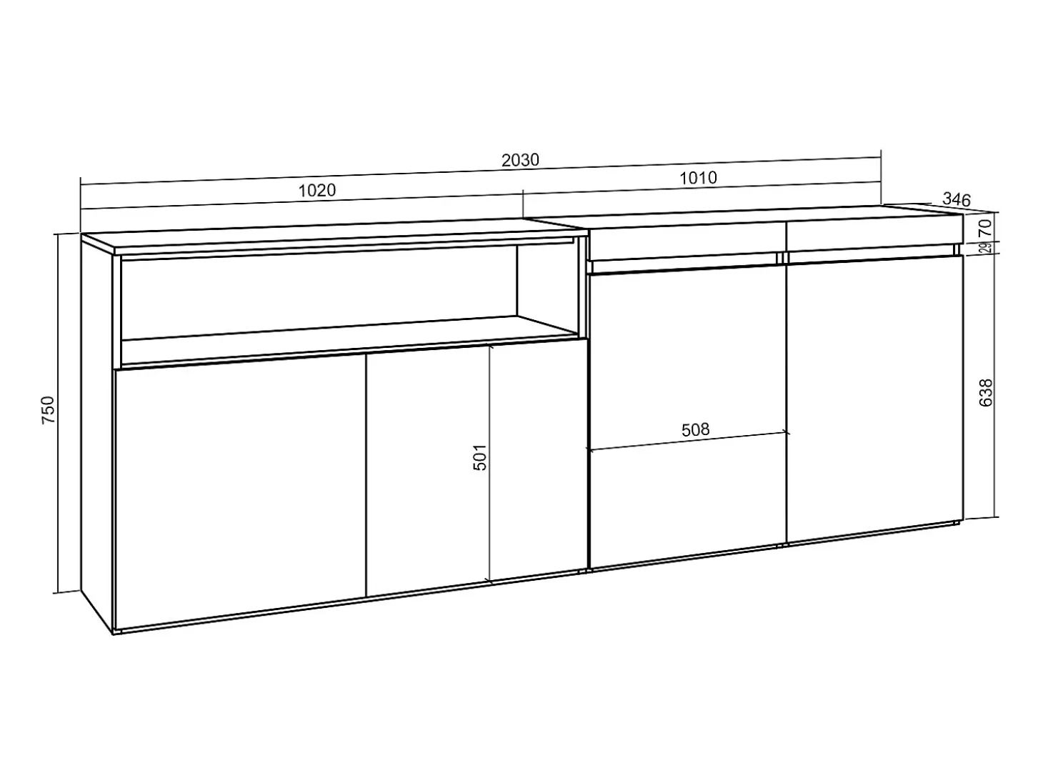 Aparadores para salón, 200x35x75cm, 4 Puertas, Armario, zapatero, Blanco y negro