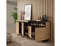 Aparadores para salón, 200x35x87cm, 4 Puertas, Chimenea eléctrica, Diseño industrial, Roble y negro
