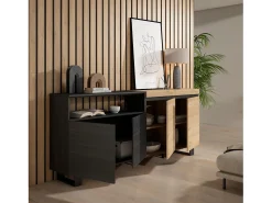 Aparadores para salón, 200x35x87cm, 4 Puertas, Diseño industrial, Roble y negro
