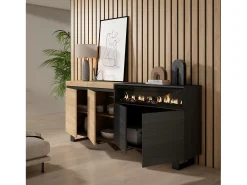 Aparadores para salón, 200x35x87cm, 4 Puertas, Chimenea eléctrica, Diseño industrial, Roble y negro