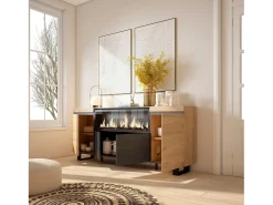 Aparadores para salón, 208x35x87cm, 4 Puertas, Chimenea eléctrica XXL, Diseño industrial, Roble y negro