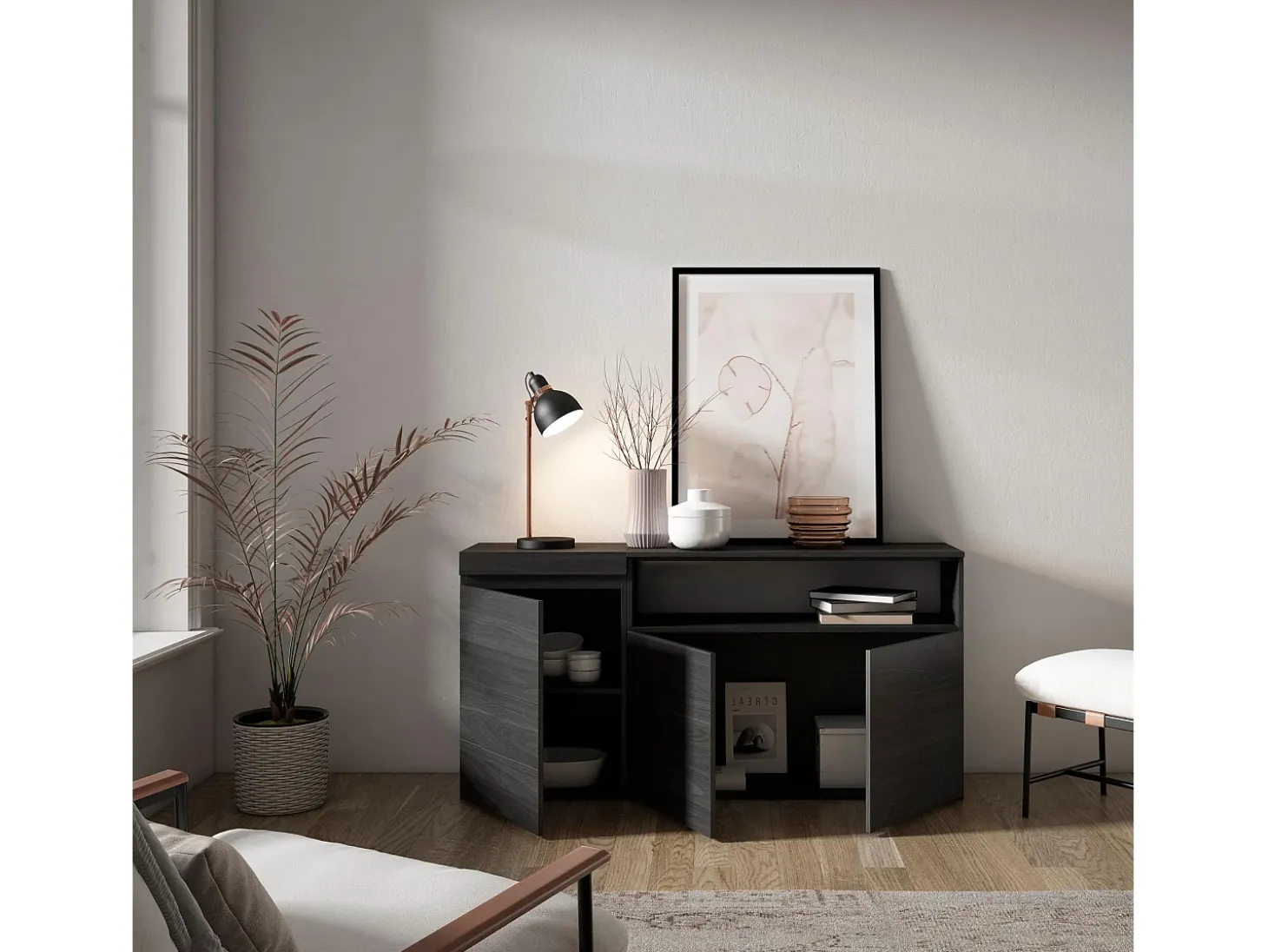 Aparadores para salón, 150x35x75cm, 3 Puertas, Armario, zapatero, Negro