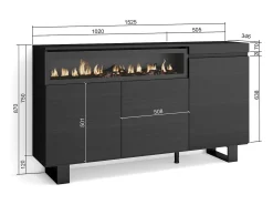 Aparadores para salón, 150x35x87cm, 3 Puertas, Chimenea eléctrica, Diseño industrial, Negro