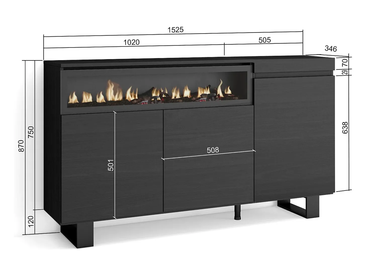 Aparadores para salón, 150x35x87cm, 3 Puertas, Chimenea eléctrica, Diseño industrial, Negro