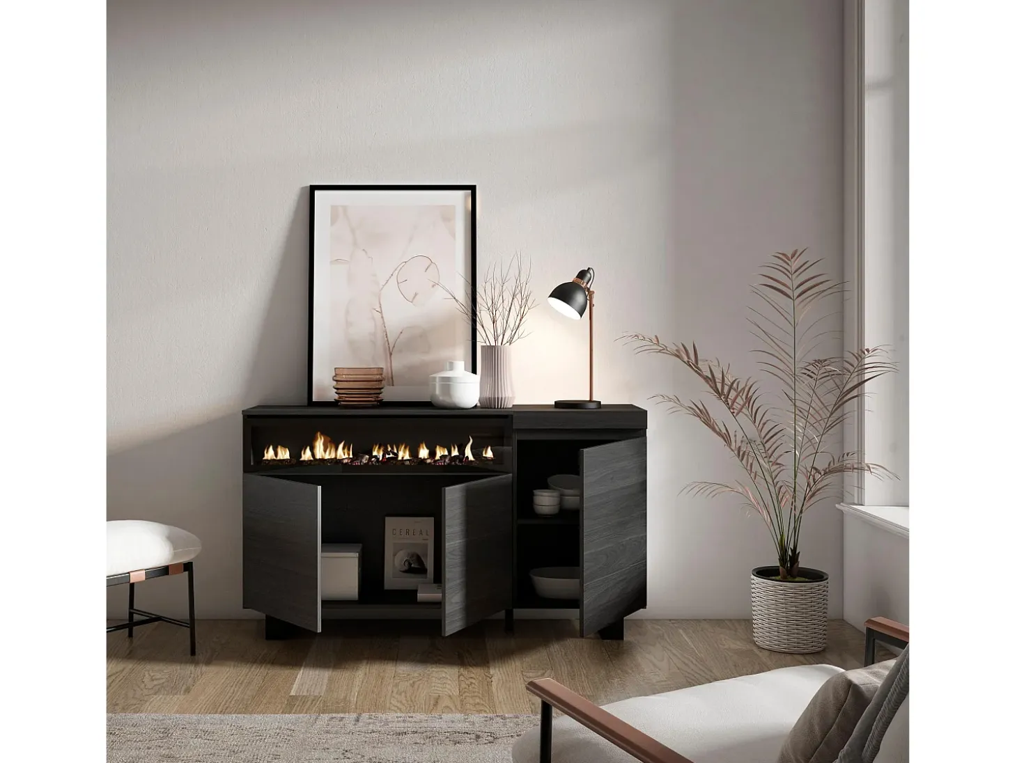 Aparadores para salón, 150x35x87cm, 3 Puertas, Chimenea eléctrica, Diseño industrial, Negro