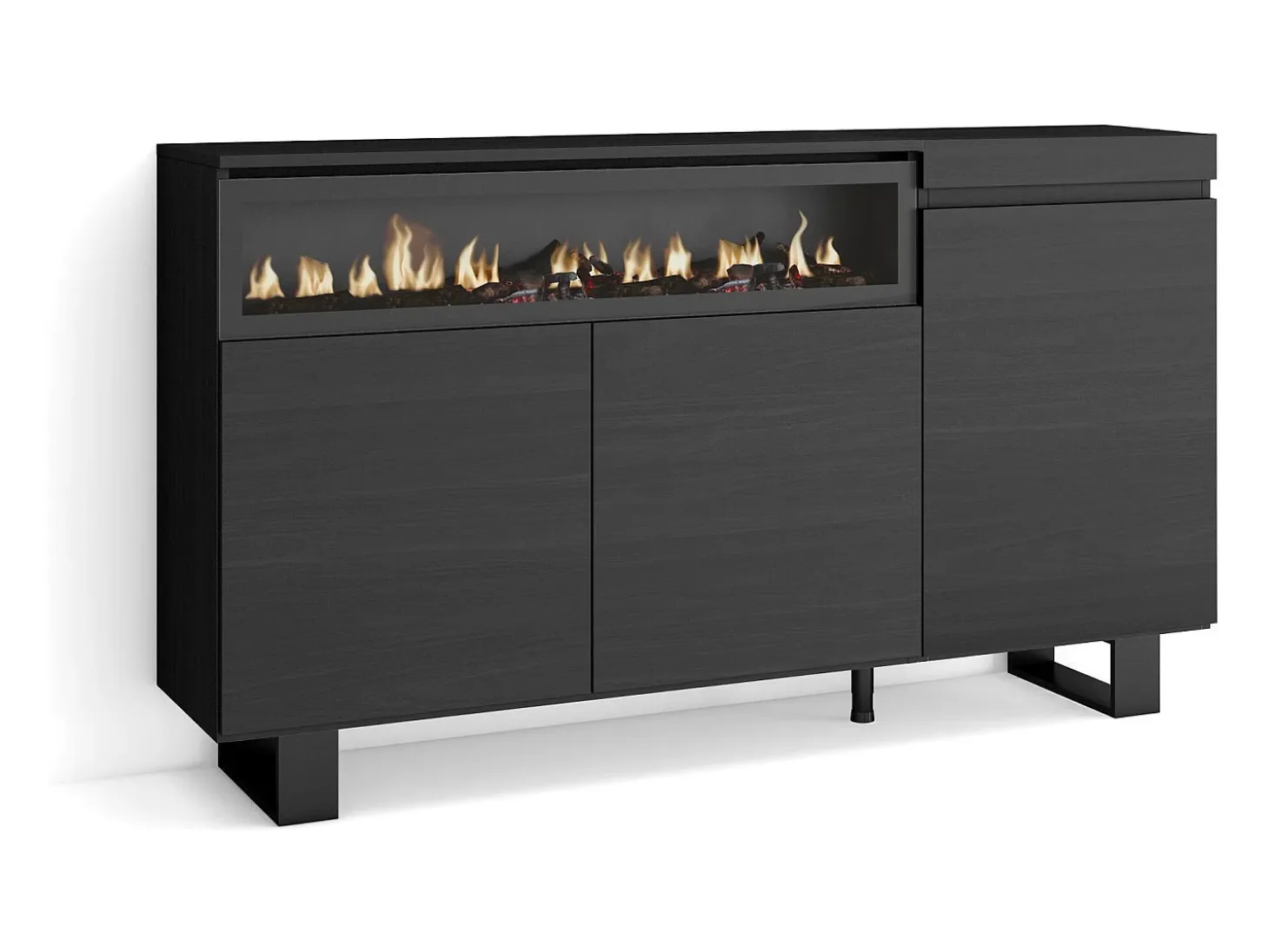 Aparadores para salón, 150x35x87cm, 3 Puertas, Chimenea eléctrica, Diseño industrial, Negro