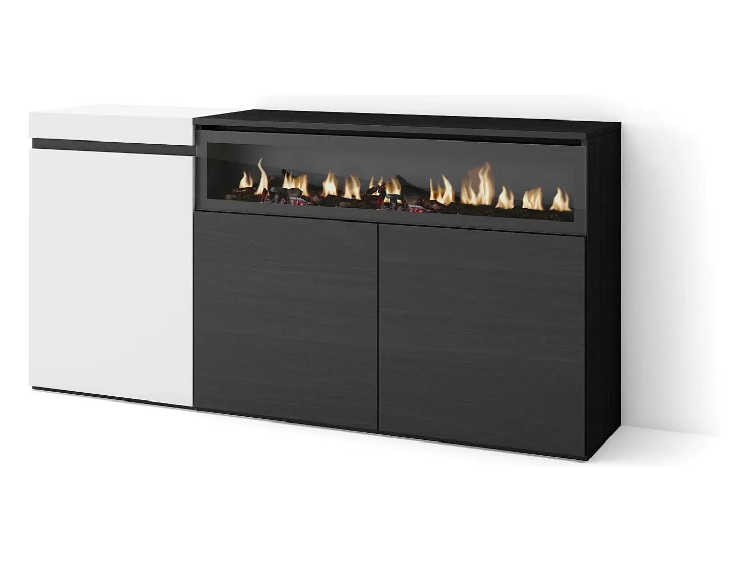 Aparadores para salón, 150x35x75cm, 3 Puertas, Chimenea eléctrica, Blanco y negro