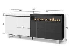 Aparadores para salón, 200x35x87cm, 4 Puertas, Chimenea eléctrica, Diseño industrial, Blanco y negro