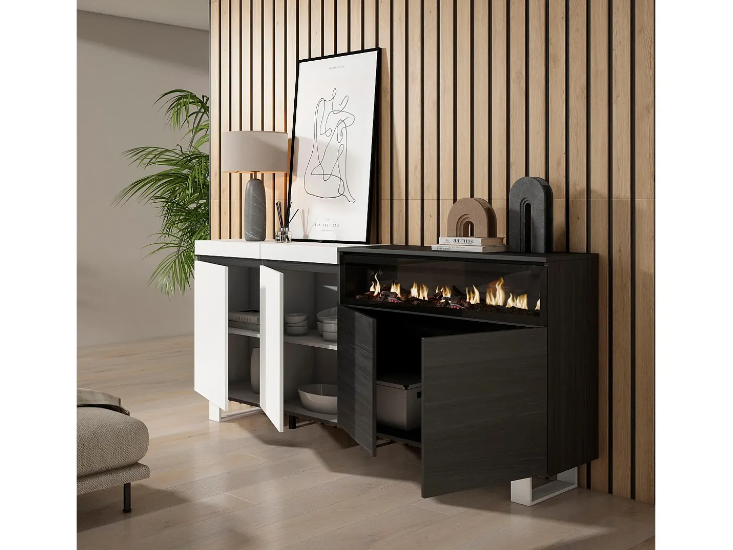 Aparadores para salón, 200x35x87cm, 4 Puertas, Chimenea eléctrica, Diseño industrial, Blanco y negro