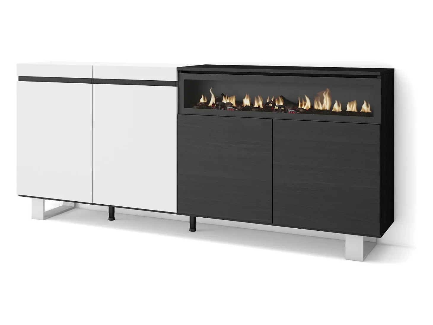 Aparadores para salón, 200x35x87cm, 4 Puertas, Chimenea eléctrica, Diseño industrial, Blanco y negro