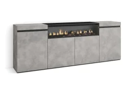 Aparadores para salón, 200x35x75cm, 4 Puertas, Chimenea eléctrica, Cemento