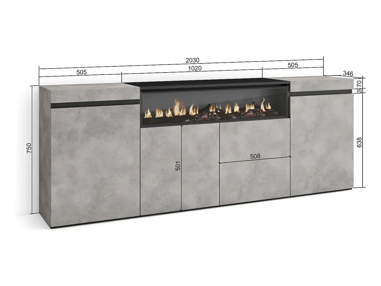Aparadores para salón, 200x35x75cm, 4 Puertas, Chimenea eléctrica, Cemento