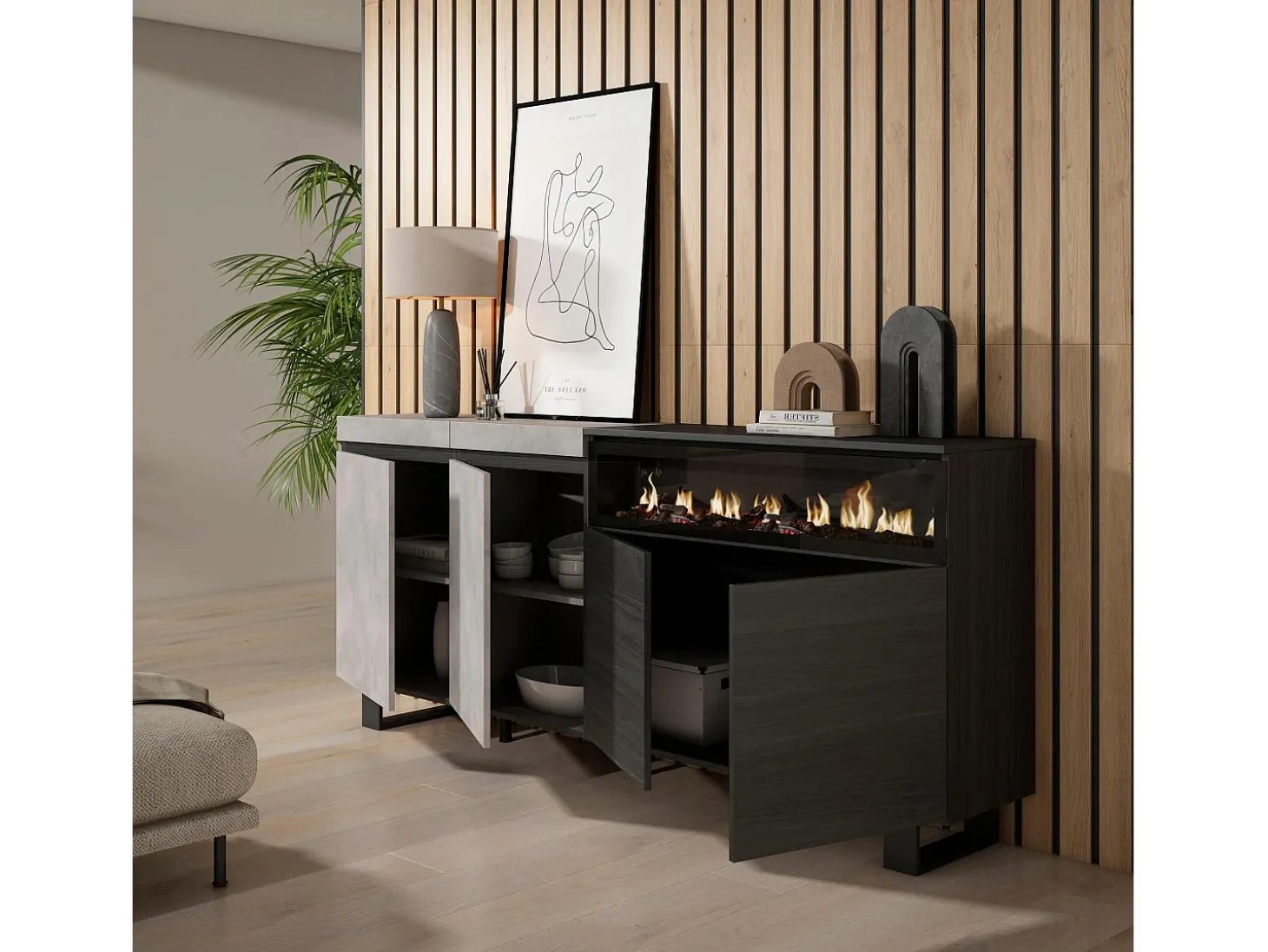 Aparadores para salón, 200x35x87cm, 4 Puertas, Chimenea eléctrica, Diseño industrial, Cemento